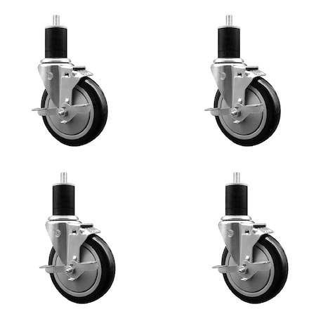 Service Caster 5'' Black Poly Swivel 1-3/4'' Expanding Stem Caster Set with Brake, 4PK SCC-EX20S514-PPUB-BLK-TLB-134-4